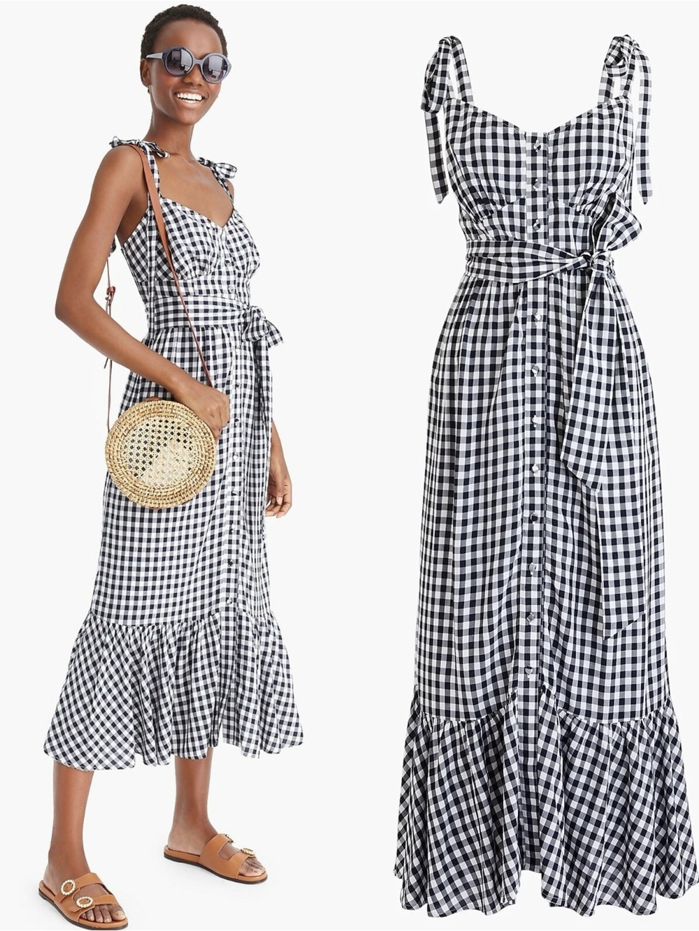 J. Crew Navy and White Gingham Tie-Shoulder Midi Dress